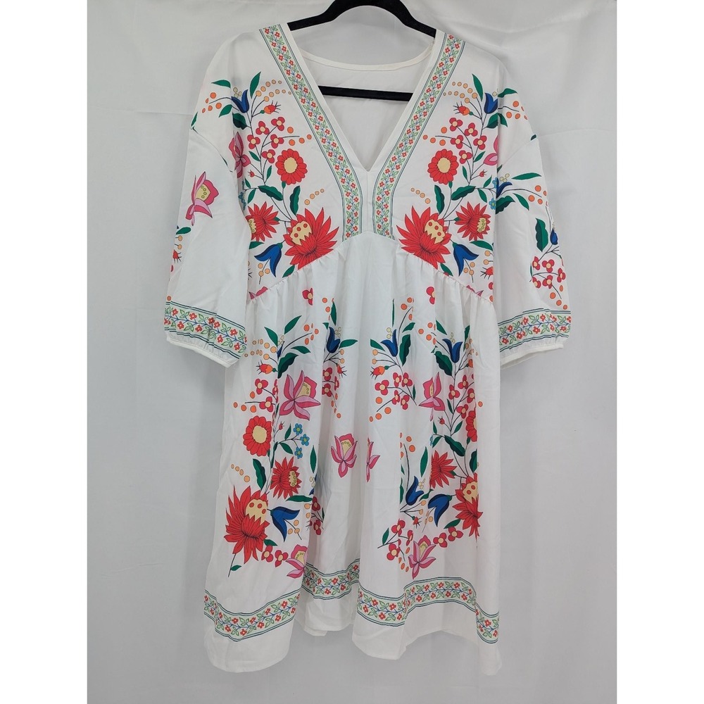 SHEIN Floral V Neck Midi Dress Large White 3/4 Sleeve Boho Cottagecore Casual